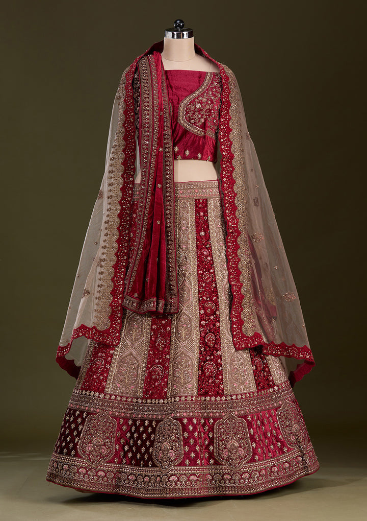 Beige Cording Velvet Semi-Stitched Lehenga