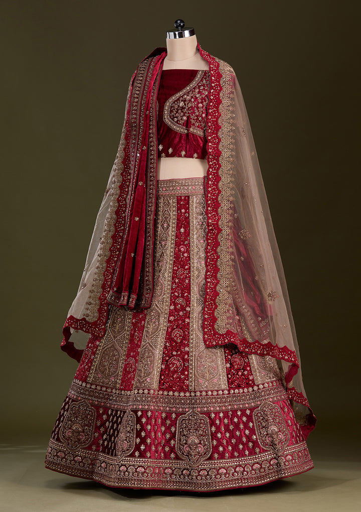 Beige Cording Velvet Semi-Stitched Lehenga