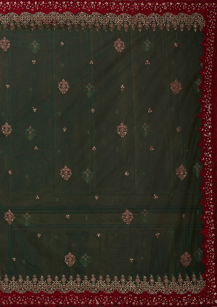 Bottle Green Cording Velvet Semi-Stitched Lehenga