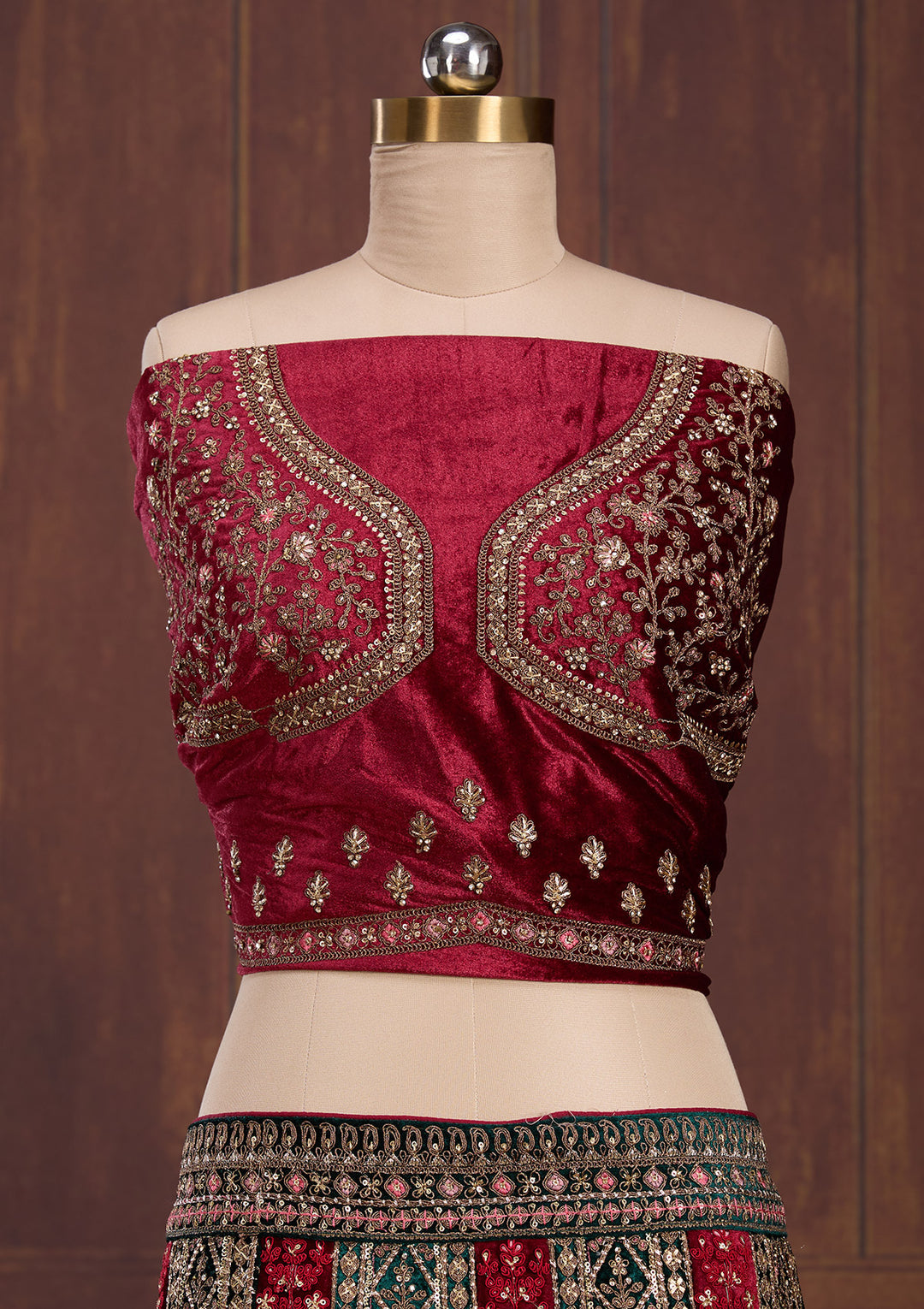 Bottle Green Cording Velvet Semi-Stitched Lehenga