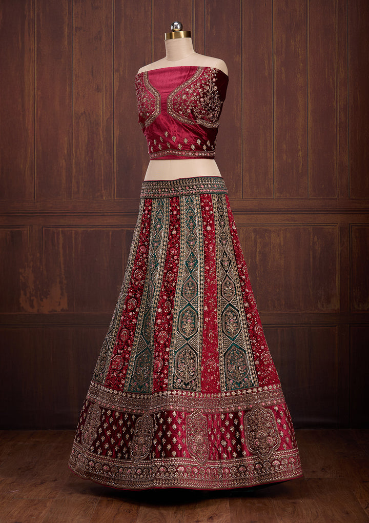Bottle Green Cording Velvet Semi-Stitched Lehenga