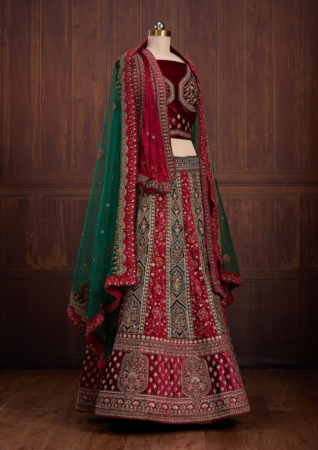 Bottle Green Cording Velvet Semi-Stitched Lehenga