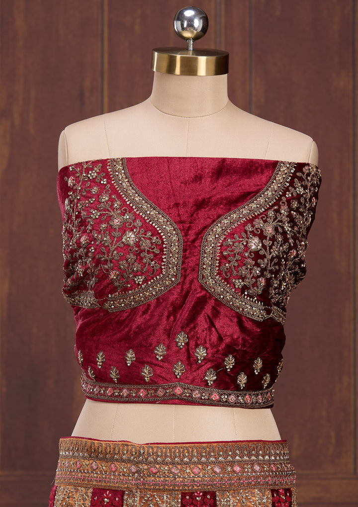Mustard Cording Velvet Semi-Stitched Lehenga