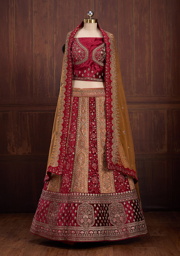 Mustard Cording Velvet Semi-Stitched Lehenga