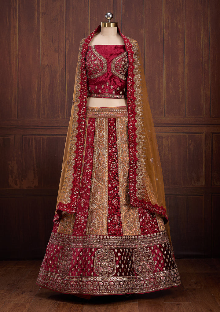 Mustard Cording Velvet Semi-Stitched Lehenga