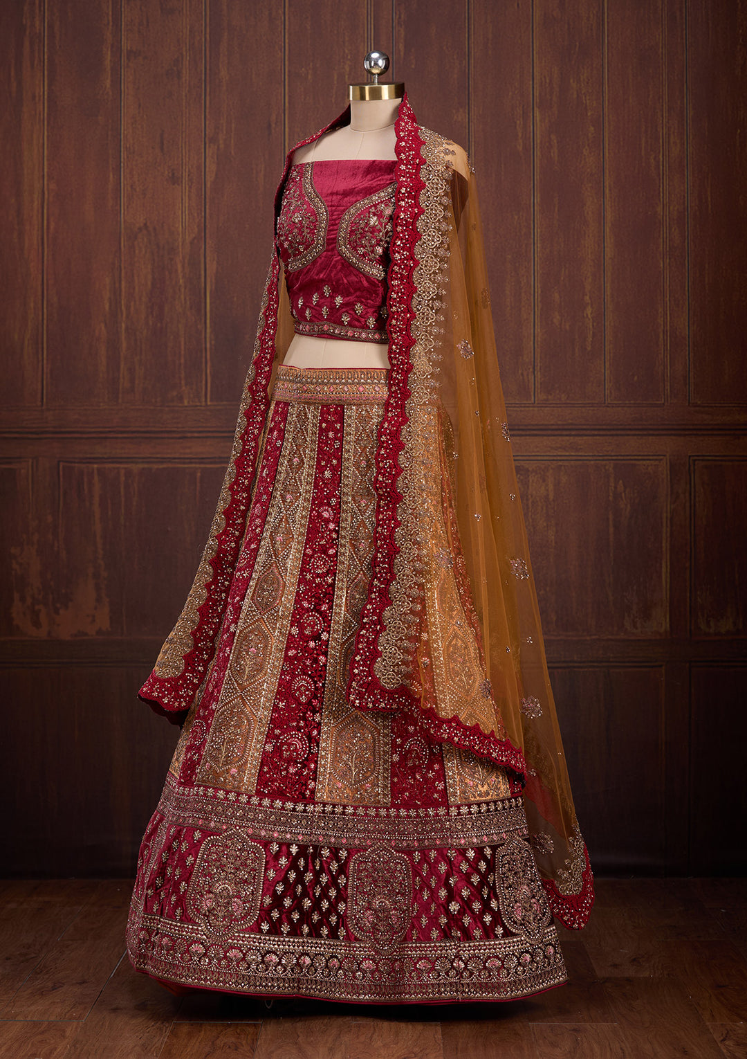 Mustard Cording Velvet Semi-Stitched Lehenga