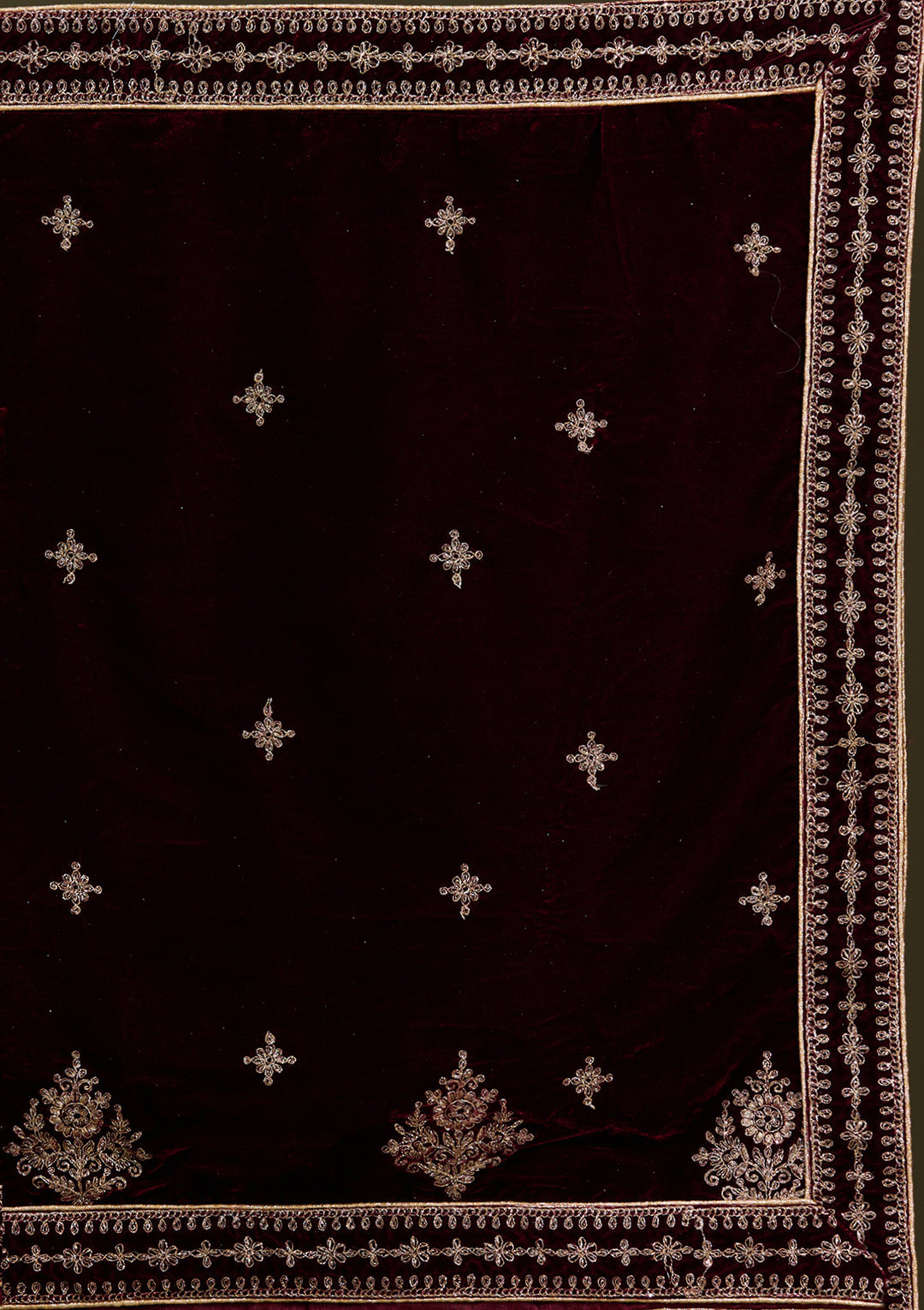 Dark Maroon Cording Velvet Semi-Stitched Lehenga