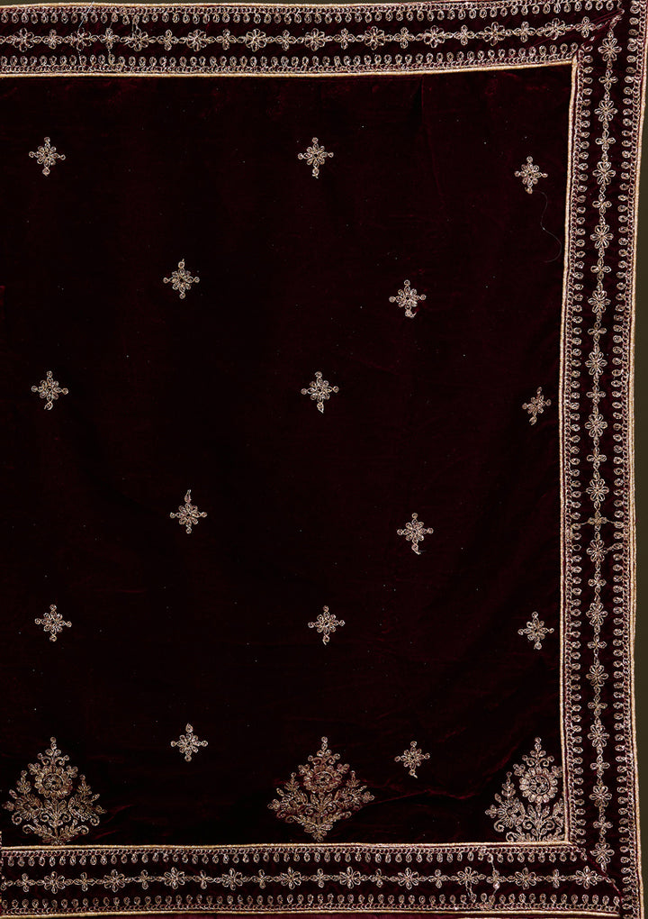 Dark Maroon Cording Velvet Semi-Stitched Lehenga