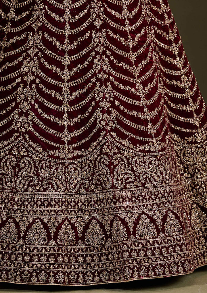Dark Maroon Cording Velvet Semi-Stitched Lehenga