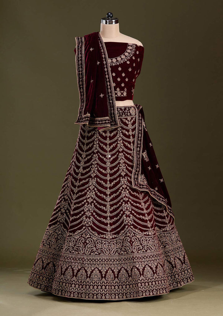 Dark Maroon Cording Velvet Semi-Stitched Lehenga