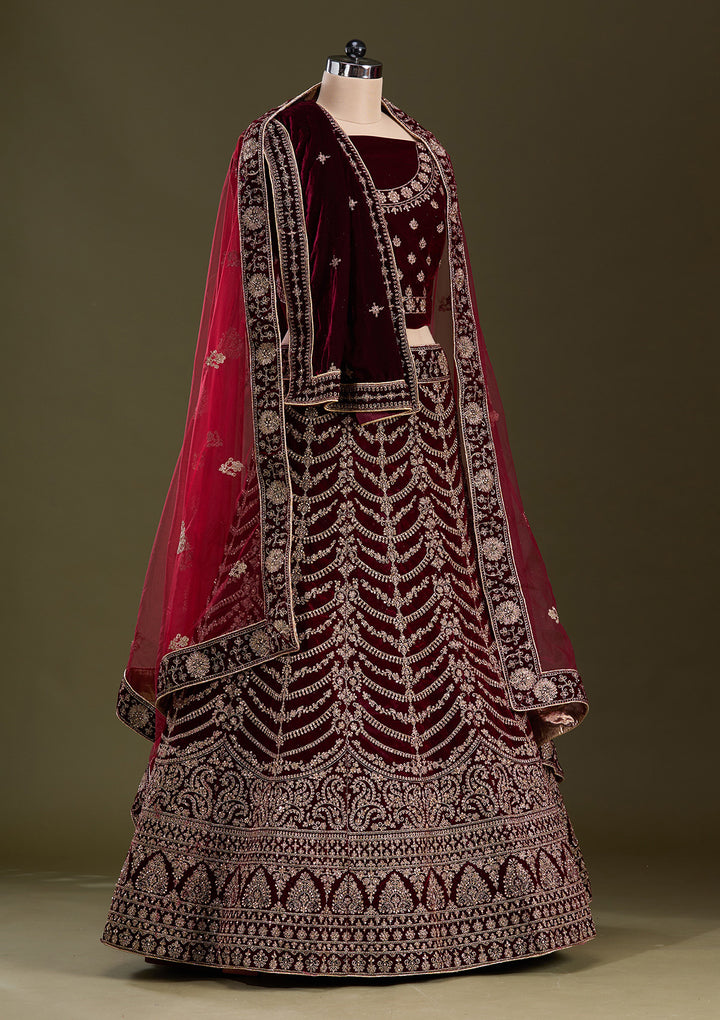 Dark Maroon Cording Velvet Semi-Stitched Lehenga