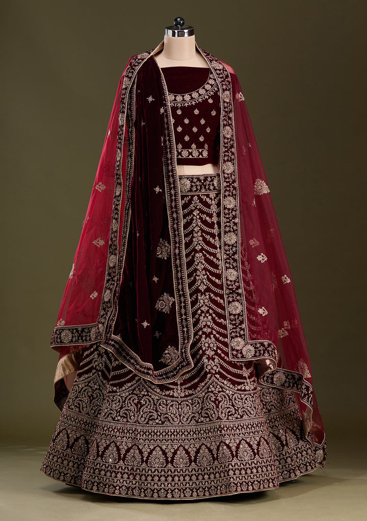 Dark Maroon Cording Velvet Semi-Stitched Lehenga