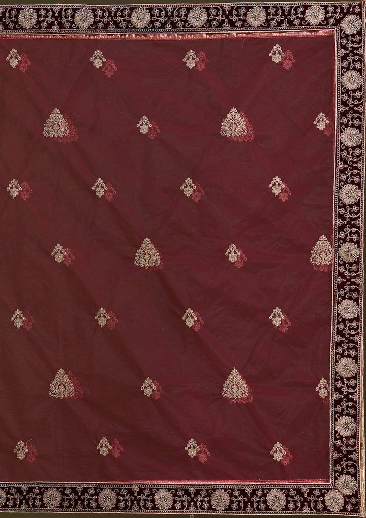 Dark Maroon Cording Velvet Semi-Stitched Lehenga