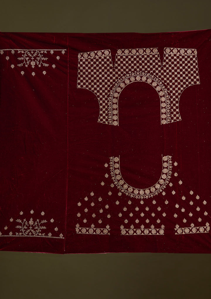 Dark Maroon Cording Velvet Semi-Stitched Lehenga