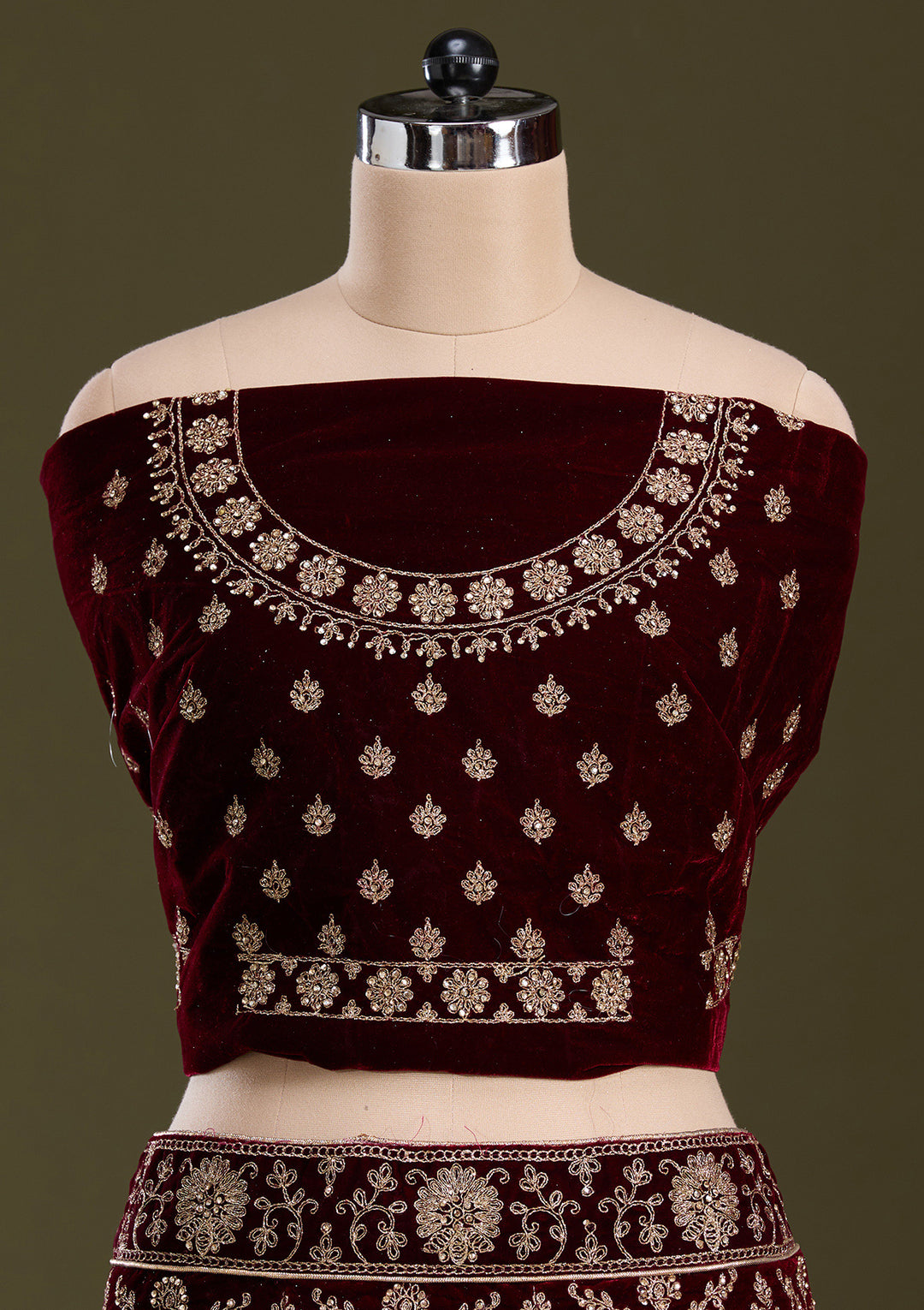 Dark Maroon Cording Velvet Semi-Stitched Lehenga