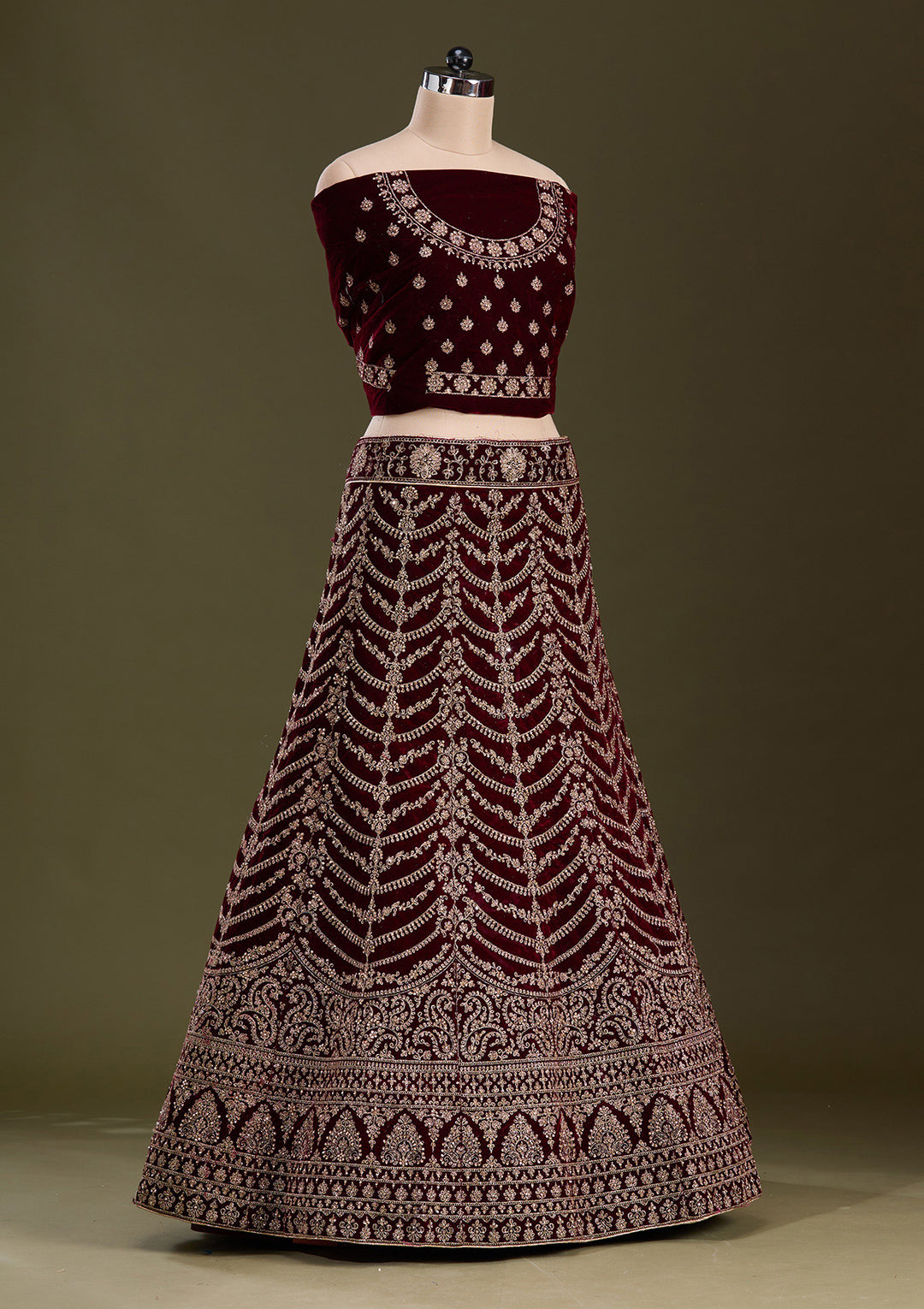 Dark Maroon Cording Velvet Semi-Stitched Lehenga