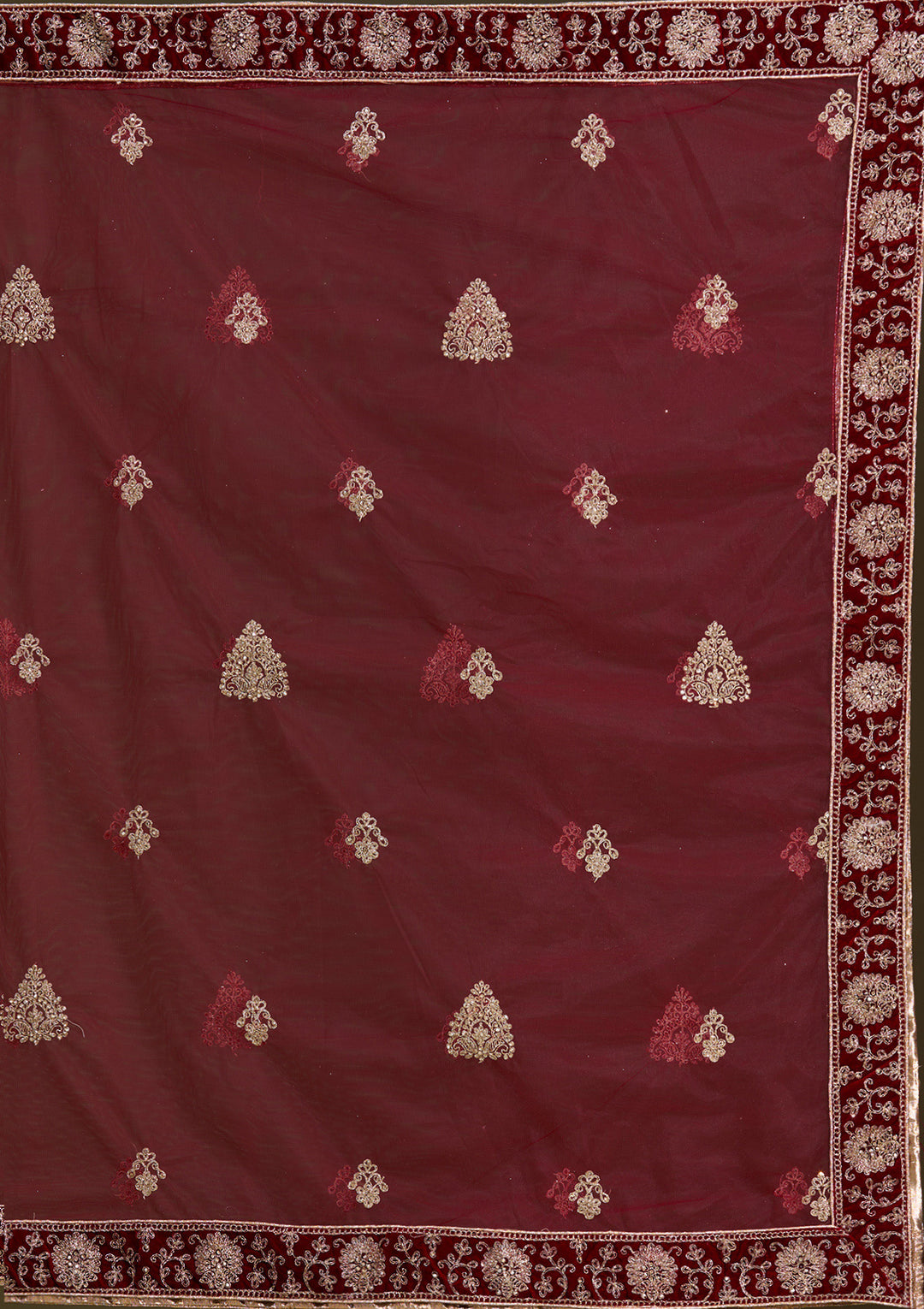 Maroon Cording Velvet Semi-Stitched Lehenga