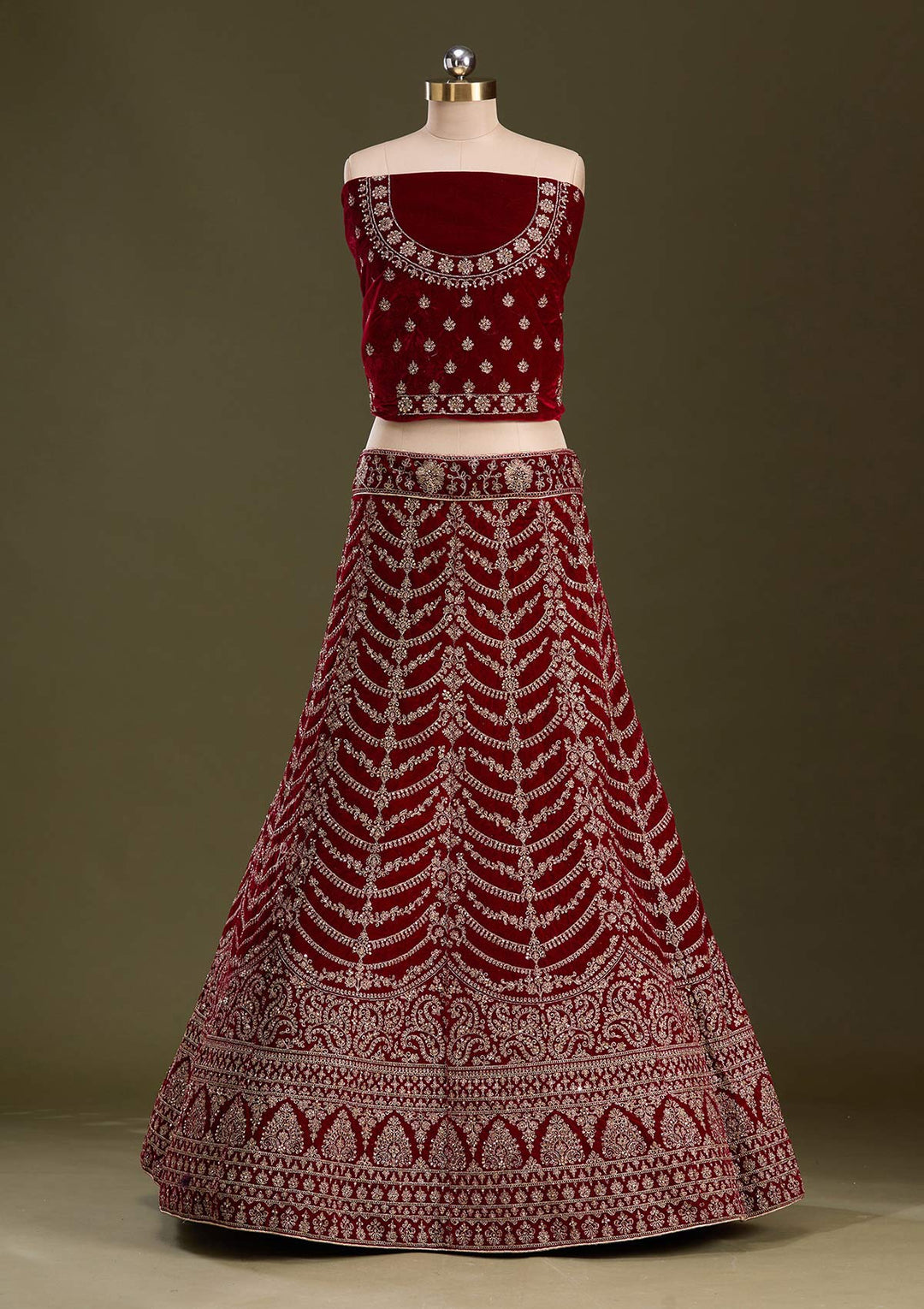 Maroon Cording Velvet Semi-Stitched Lehenga