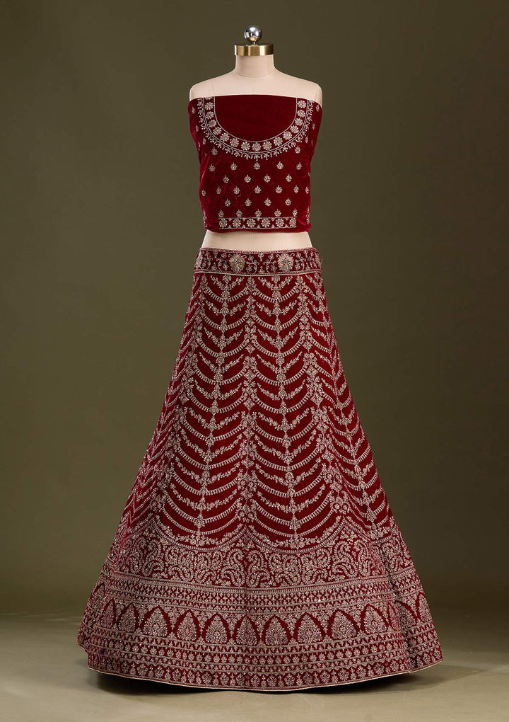 Maroon Cording Velvet Semi-Stitched Lehenga