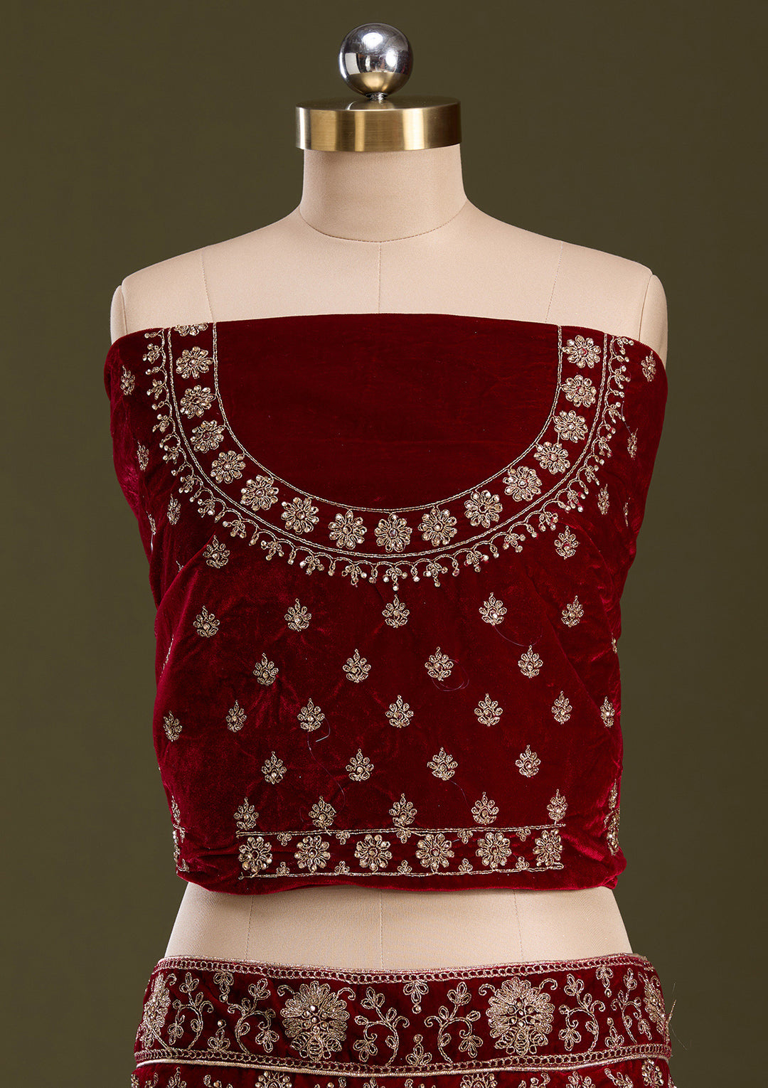 Maroon Cording Velvet Semi-Stitched Lehenga