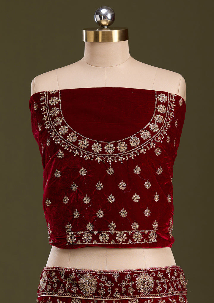Maroon Cording Velvet Semi-Stitched Lehenga