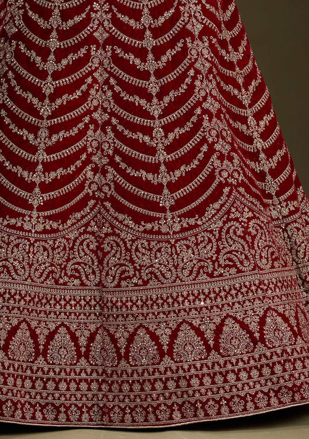 Maroon Cording Velvet Semi-Stitched Lehenga