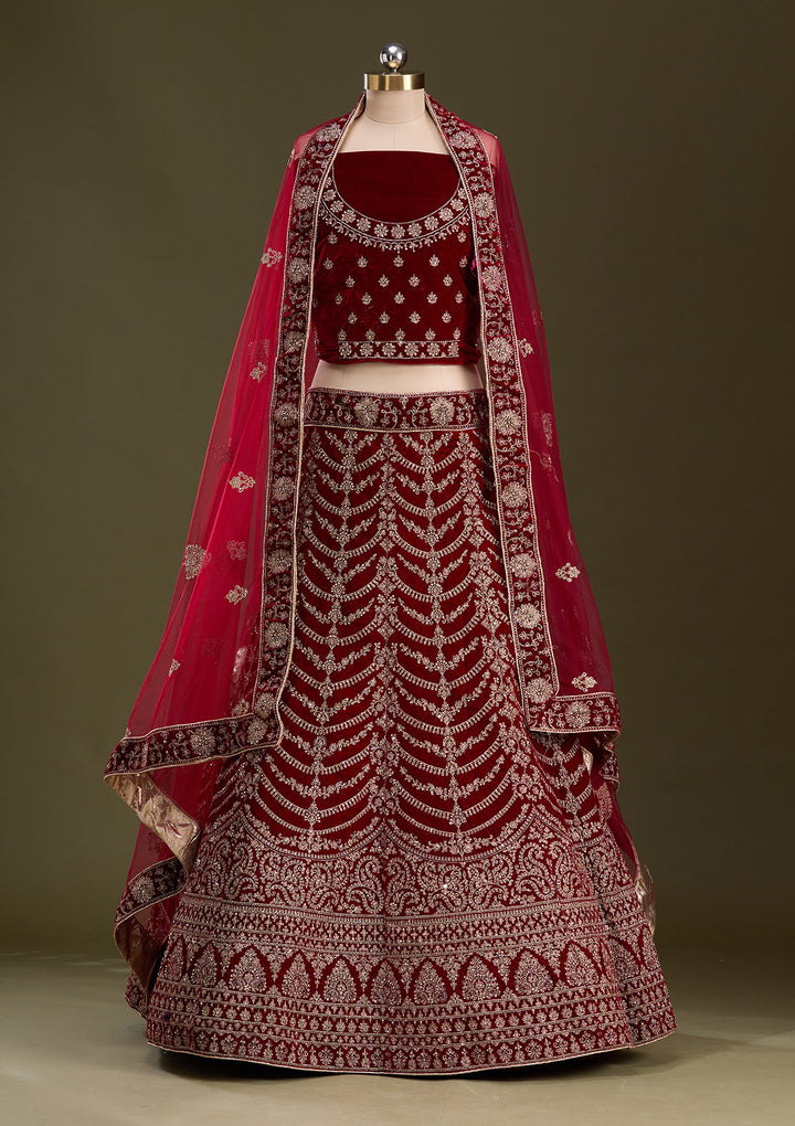 Maroon Cording Velvet Semi-Stitched Lehenga