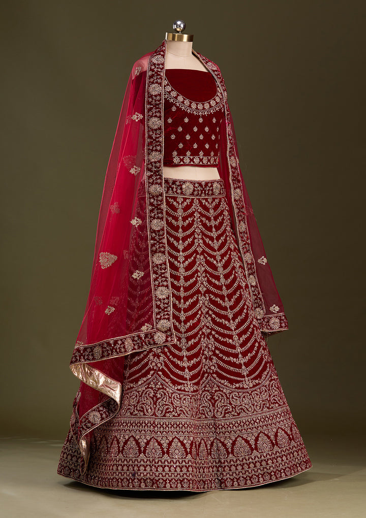 Maroon Cording Velvet Semi-Stitched Lehenga