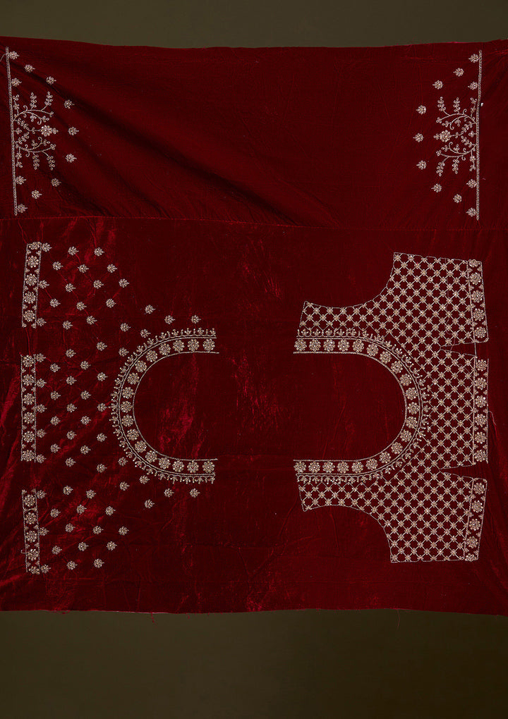 Maroon Cording Velvet Semi-Stitched Lehenga