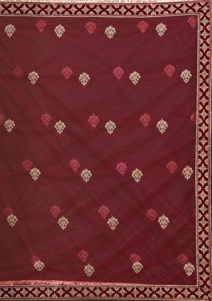 Maroon Cording Velvet Semi-Stitched Lehenga