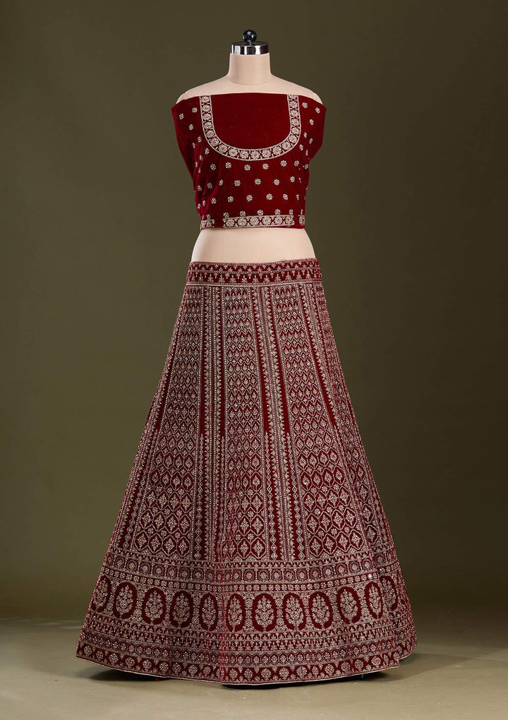 Maroon Cording Velvet Semi-Stitched Lehenga