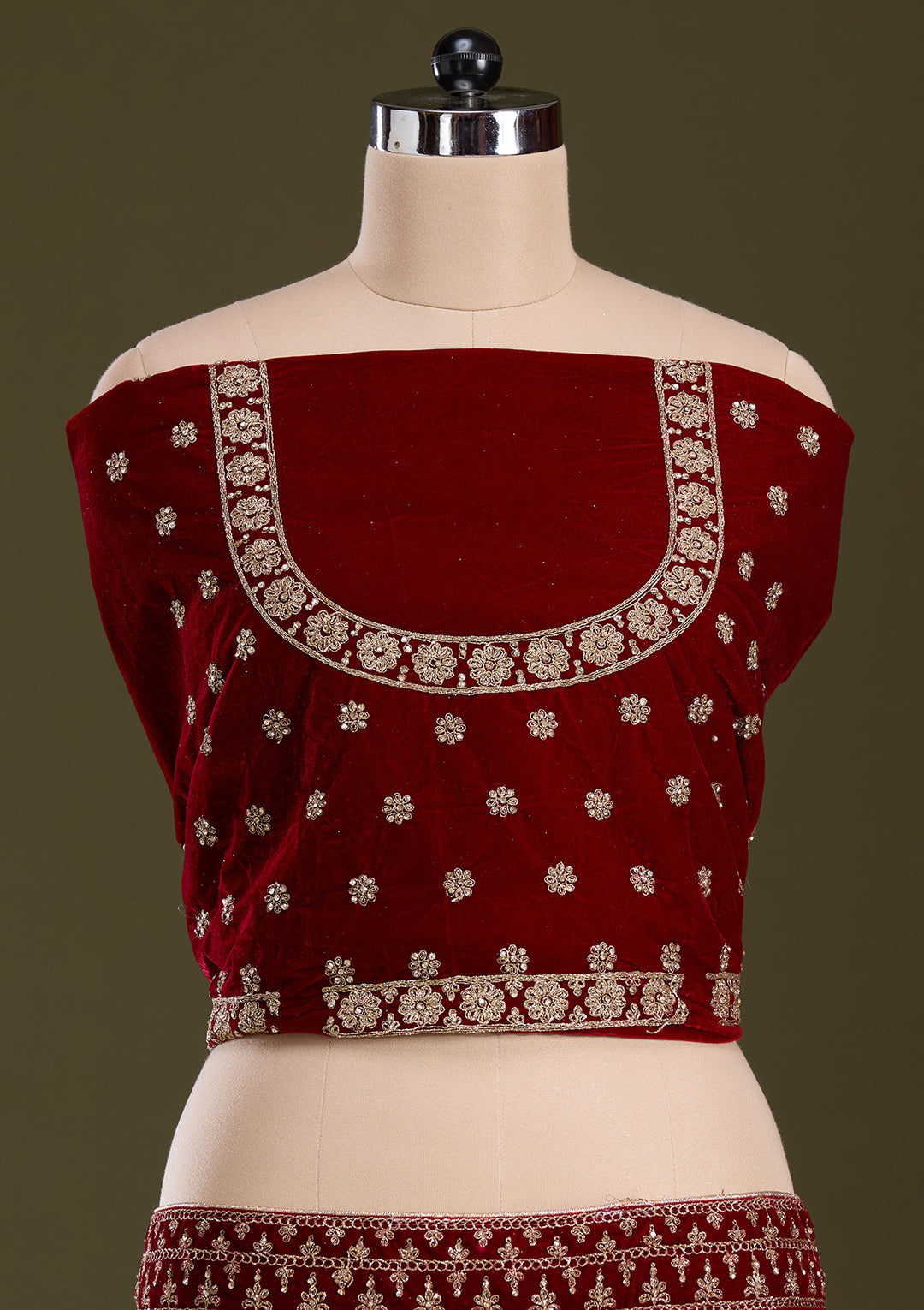 Maroon Cording Velvet Semi-Stitched Lehenga