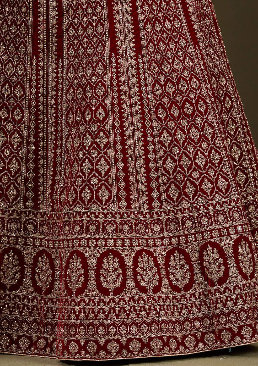 Maroon Cording Velvet Semi-Stitched Lehenga