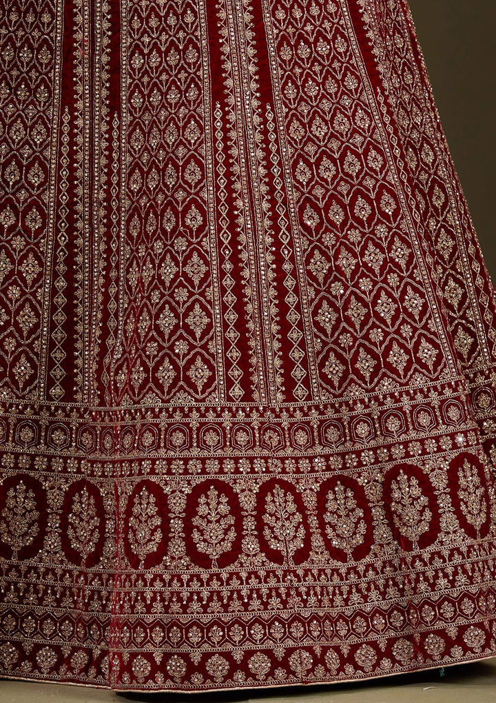 Maroon Cording Velvet Semi-Stitched Lehenga