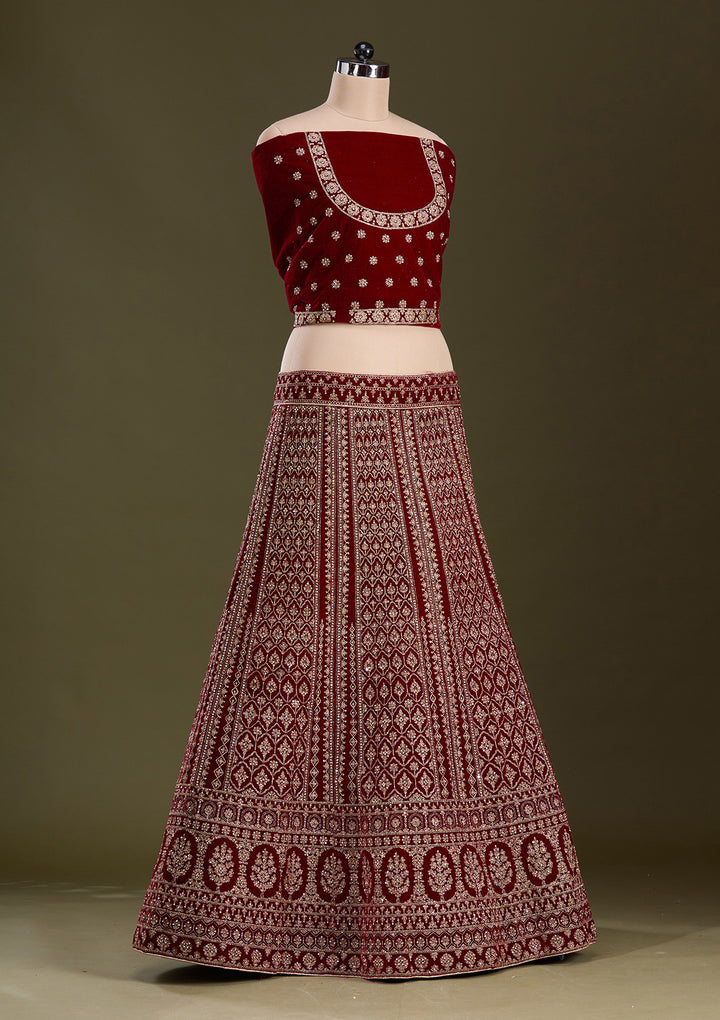 Maroon Cording Velvet Semi-Stitched Lehenga