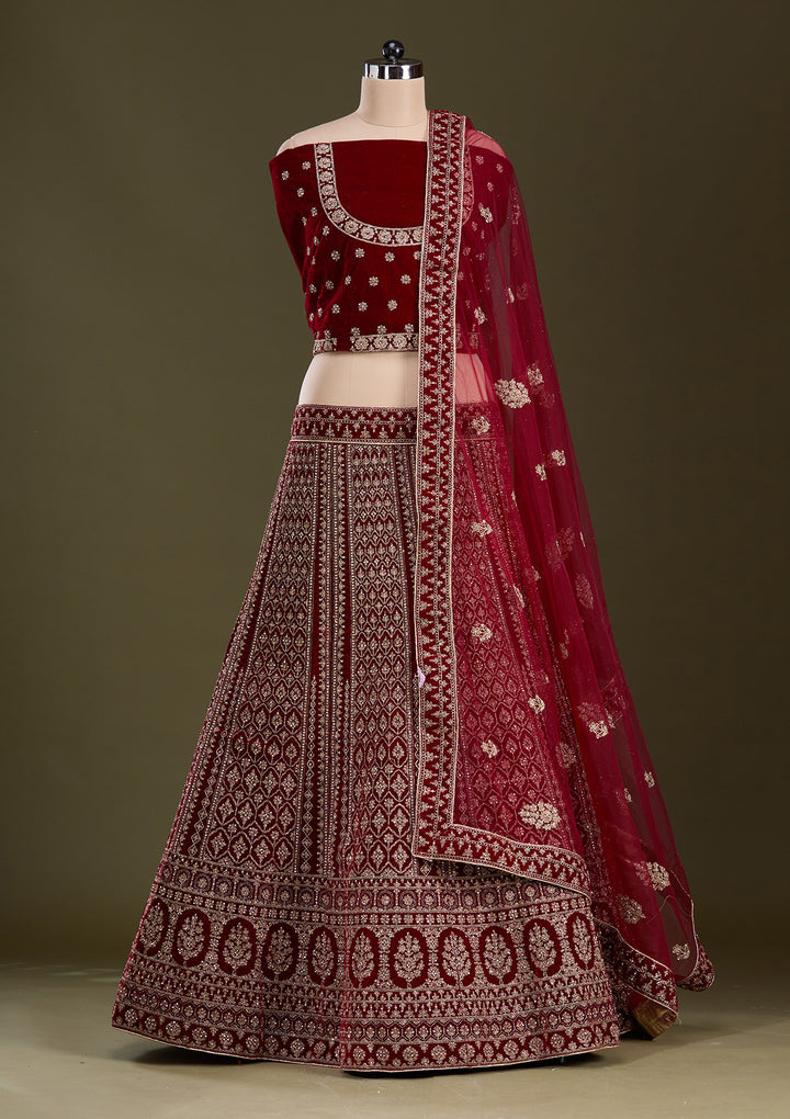 Maroon Cording Velvet Semi-Stitched Lehenga