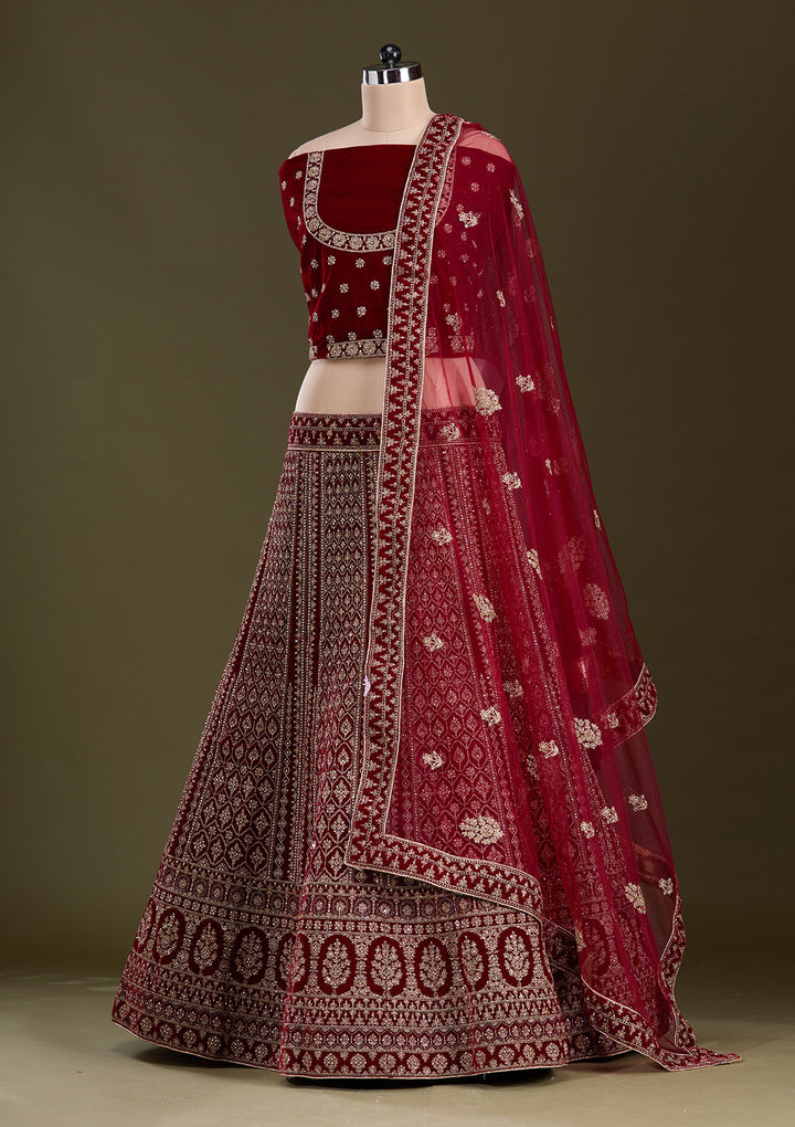 Maroon Cording Velvet Semi-Stitched Lehenga