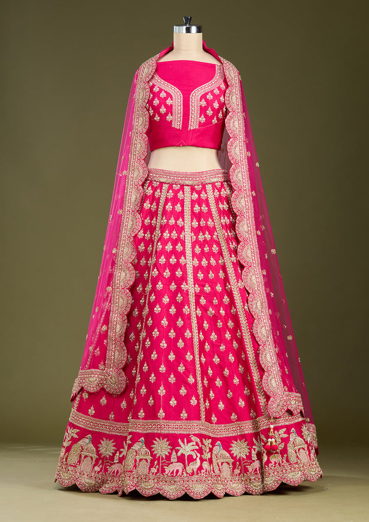 Rani Pink Zardozi (Gold) Raw Silk Readymade Lehenga