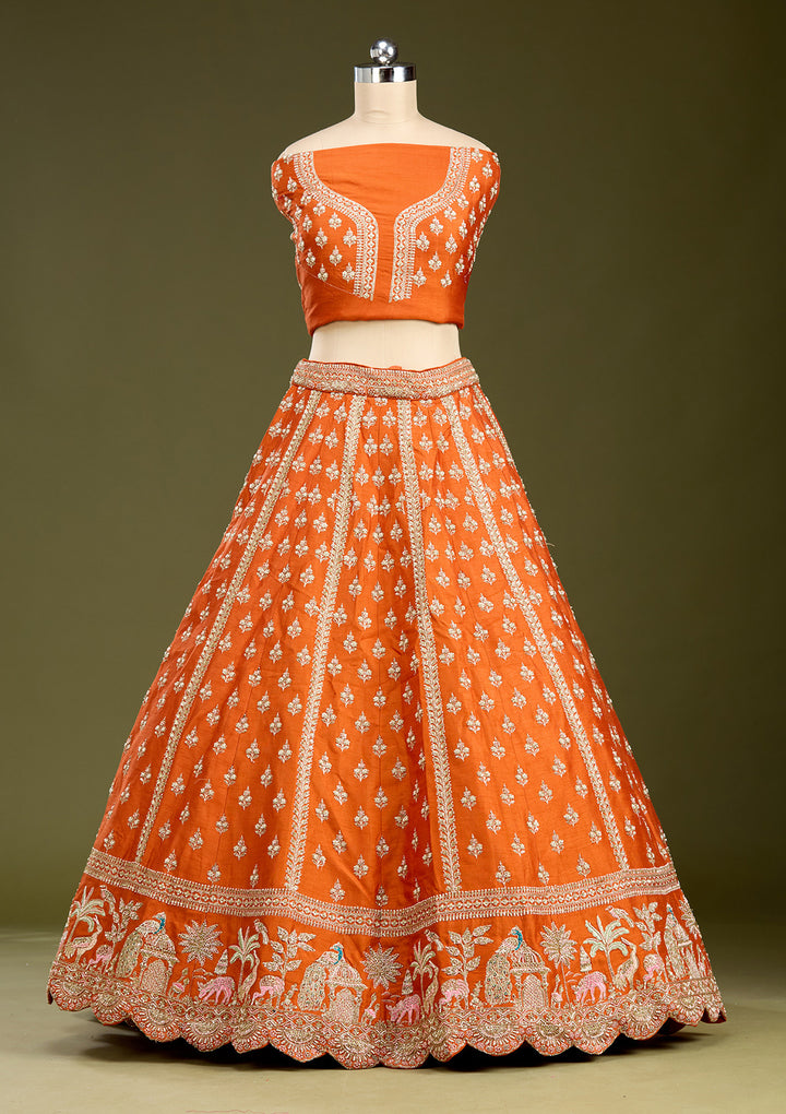 Rust Zardozi (Gold) Raw Silk Readymade Lehenga