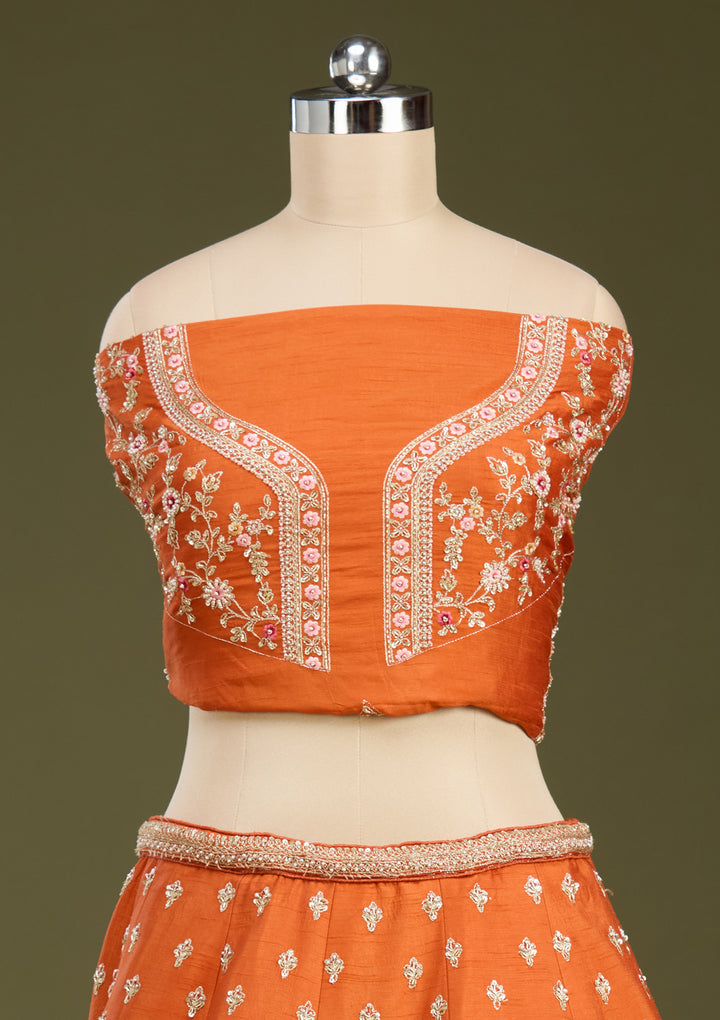 Rust Zardozi (Gold) Raw Silk Readymade Lehenga