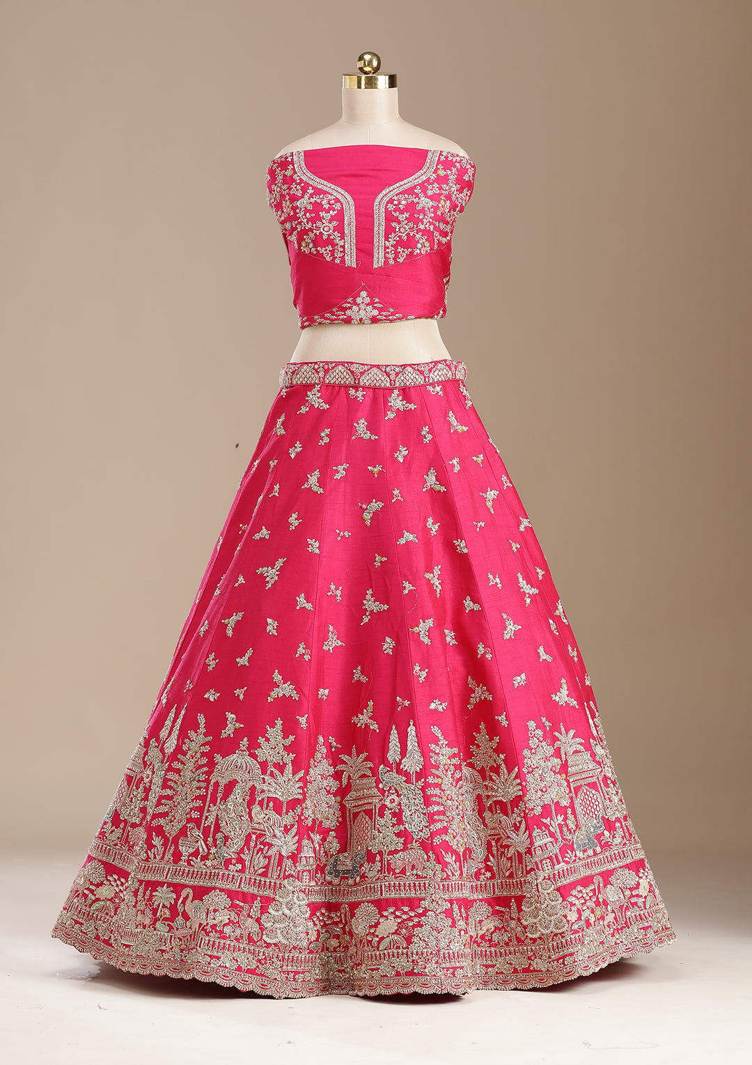 Rani Pink Zardozi (Gold) Raw Silk Semi-Stitched Lehenga