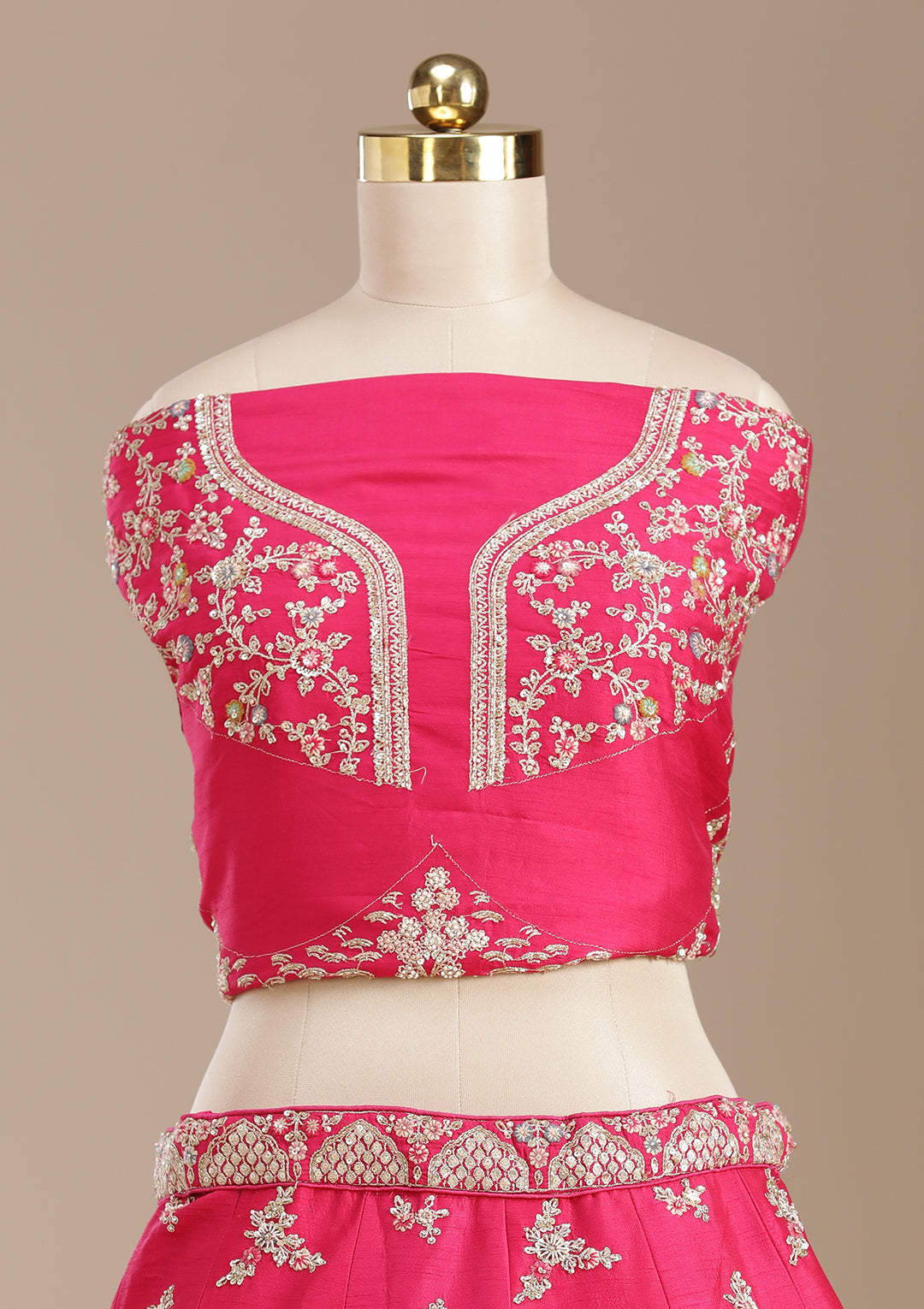 Rani Pink Zardozi (Gold) Raw Silk Semi-Stitched Lehenga