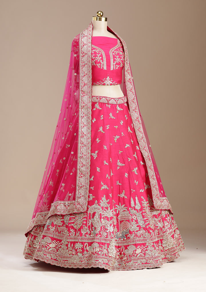 Rani Pink Zardozi (Gold) Raw Silk Semi-Stitched Lehenga