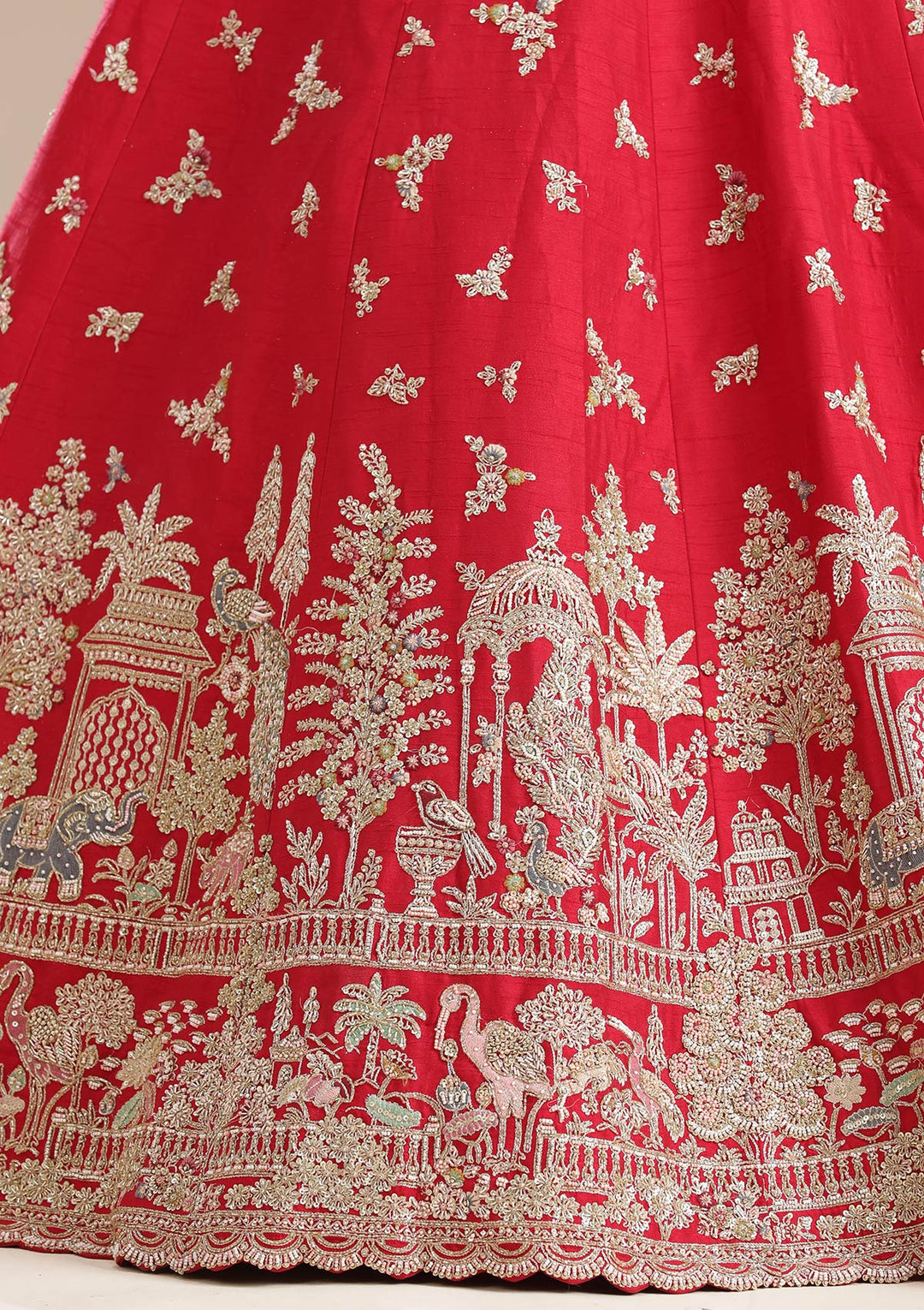 Red Zardozi (Gold) Raw Silk Semi-Stitched Lehenga