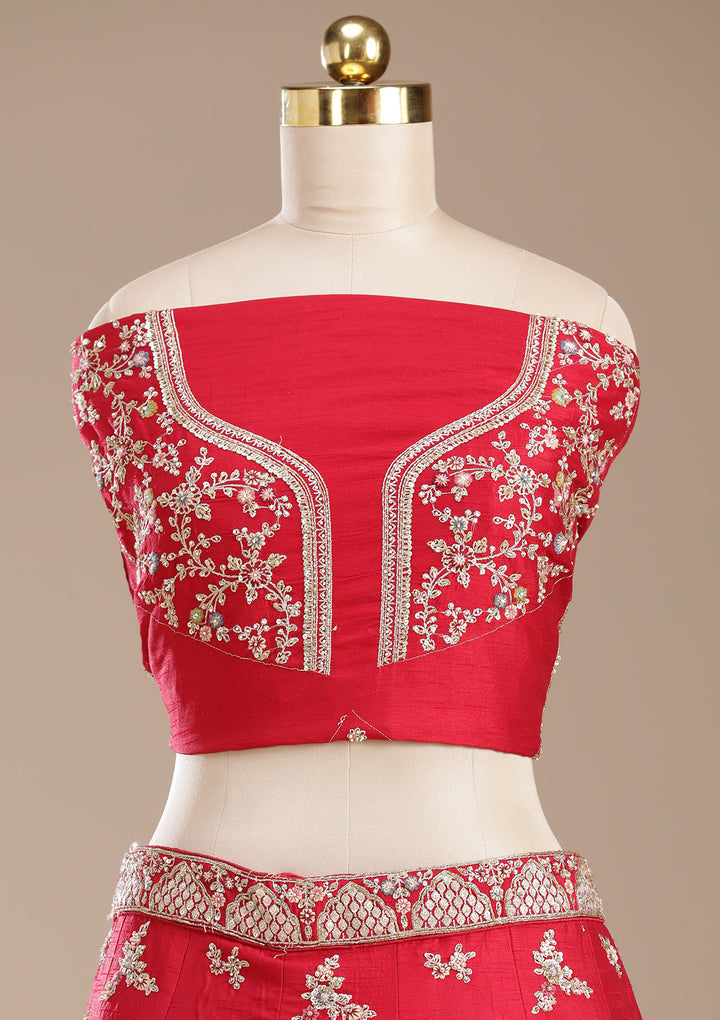 Red Zardozi (Gold) Raw Silk Semi-Stitched Lehenga
