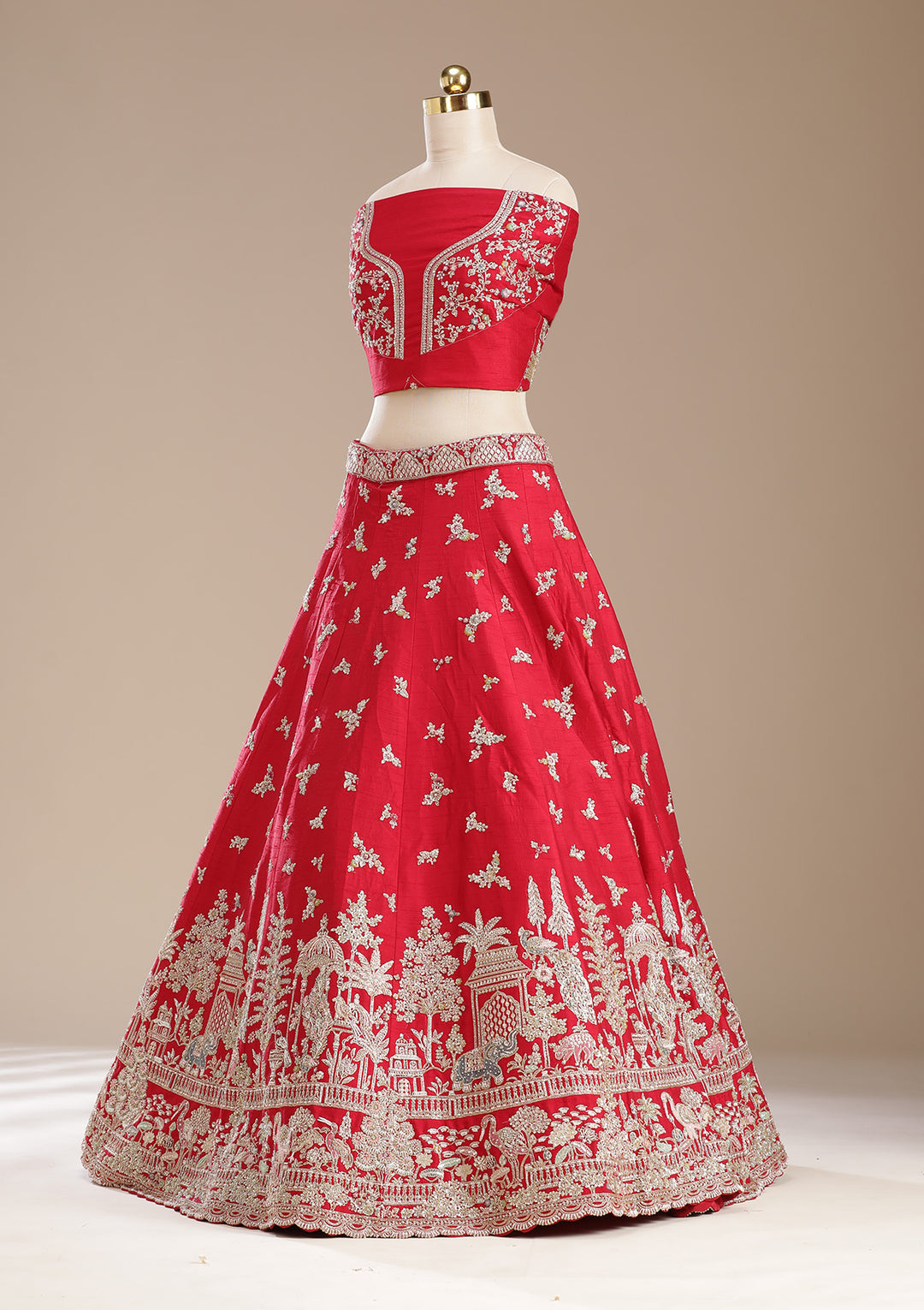 Red Zardozi (Gold) Raw Silk Semi-Stitched Lehenga