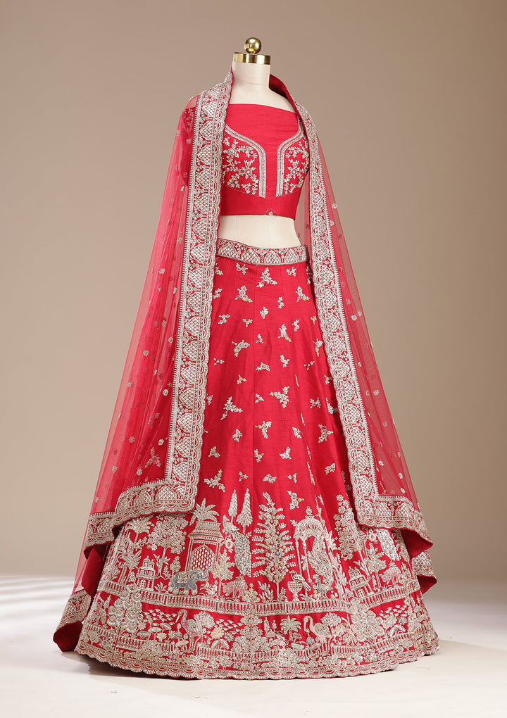 Red Zardozi (Gold) Raw Silk Semi-Stitched Lehenga