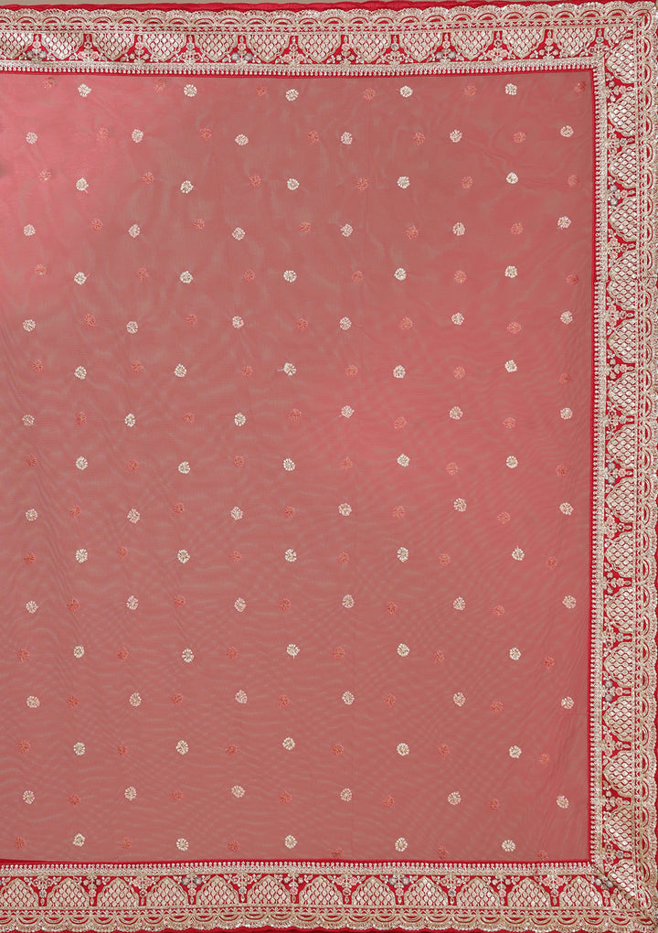 Red Zardozi (Gold) Raw Silk Semi-Stitched Lehenga