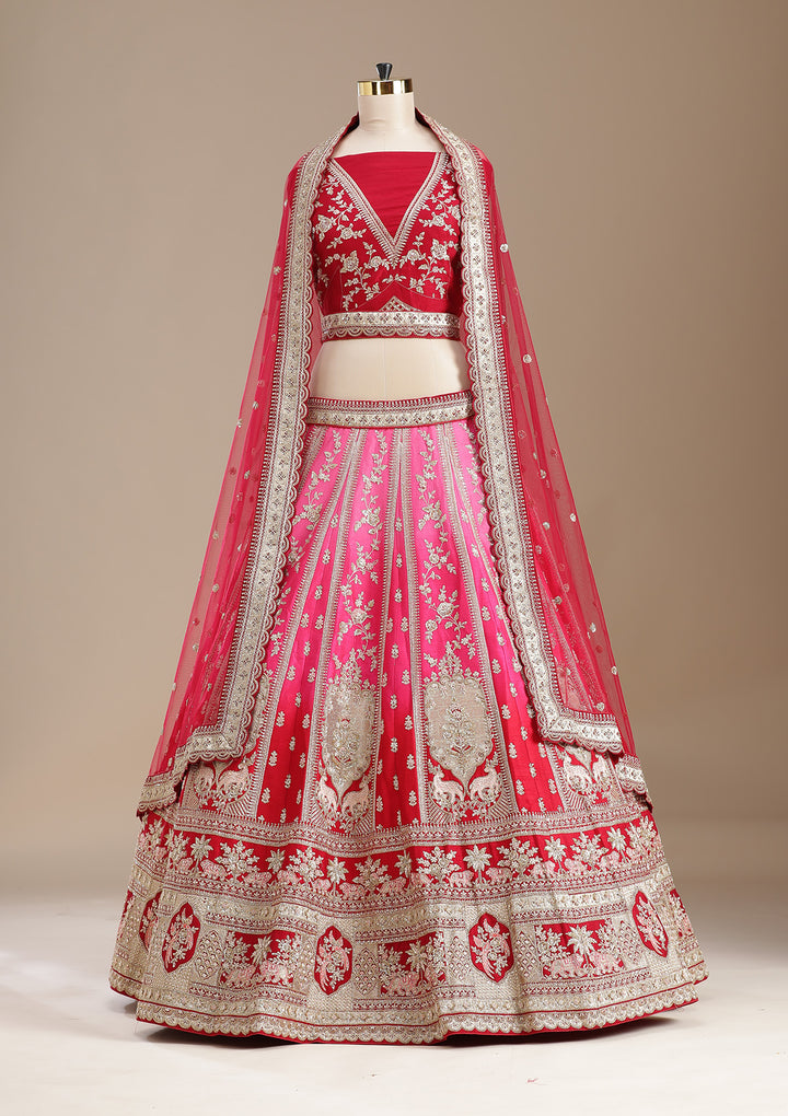 Rani Pink Zardozi (Gold) Raw Silk Semi-Stitched Lehenga