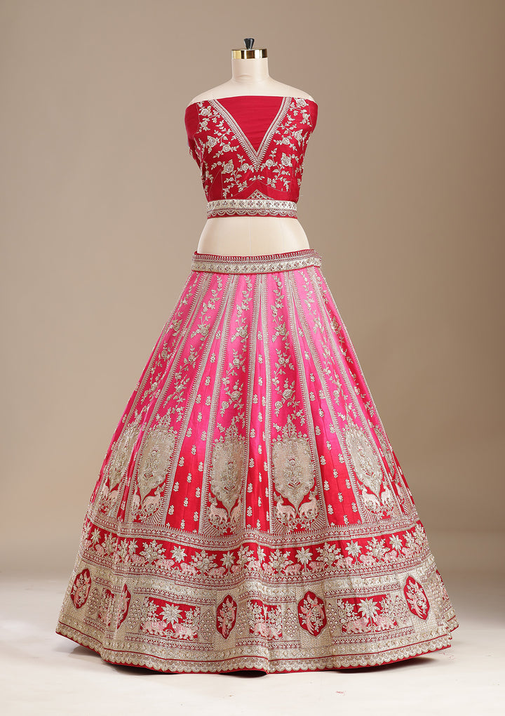 Rani Pink Zardozi (Gold) Raw Silk Semi-Stitched Lehenga